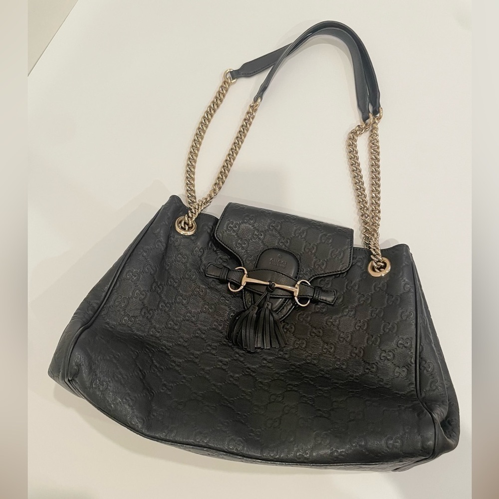 Gucci Black Leather Emily Medium Guccissima Shoulder Bag - Picture 13 of 15